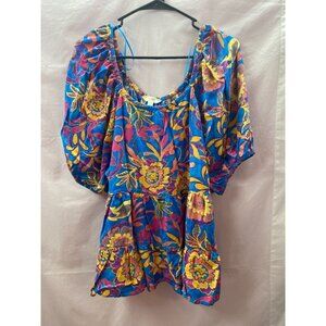 Terra & Sky Women's Plus 2X Tropical Blue Floral Peasant Style Blouse